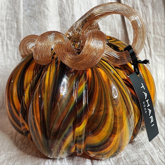 Christian Siriano Art Glass Spun Gold Stalk Pumpkin Fall Green Jadeite Gold NWT - Picture 13 of 14